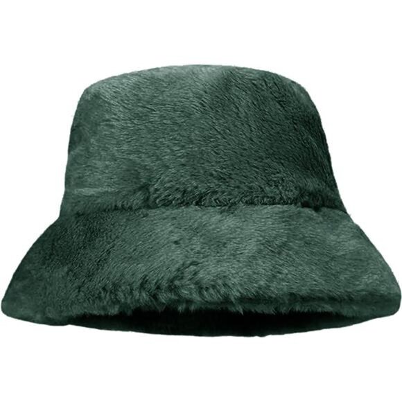 Women Plush Fluffy Bucket Hat Dark Green - Picture 4 of 5